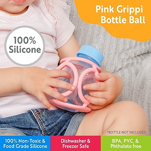 OgoBolli Grippi Teether Ring Tactile Sensory Ball and Baby Bottle Holder for Babies & Toddlers - Stretchy, Squishy, Soft, Non-Toxic Silicone - Boys and Girls Age 6+ Months - Pink