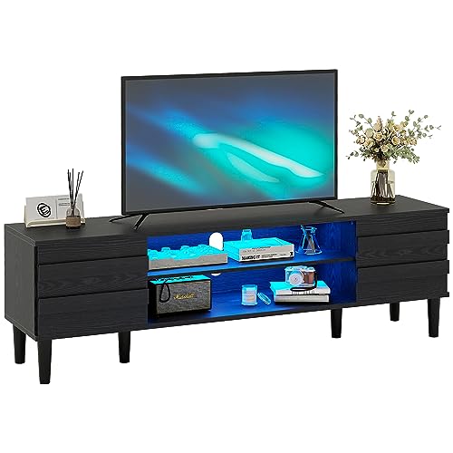 IRONCK TV Stand for 75 inch TV, Mid Century Modern TV Stand with Charging Station and LED Light, TV Console Table, Entertainment Center with Storage for Living Room, Bedroom (68”, Black)