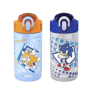 zak designs sonic the hedgehog kids water bottle for school or travel, 16oz 2-pack durable plastic water bottle with straw, handle, and leak-proof, pop-up spout cover (sonic, tails)