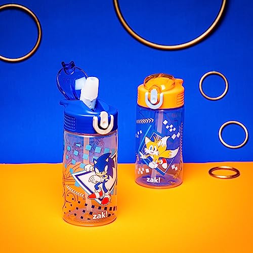 Zak Designs Sonic the Hedgehog Kids Water Bottle For School or Travel, 16oz 2-Pack Durable Plastic Water Bottle With Straw, Handle, and Leak-Proof, Pop-Up Spout Cover (Sonic, Tails)