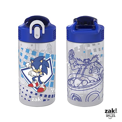 Zak Designs Sonic the Hedgehog Kids Water Bottle For School or Travel, 16oz 2-Pack Durable Plastic Water Bottle With Straw, Handle, and Leak-Proof, Pop-Up Spout Cover (Sonic, Tails)