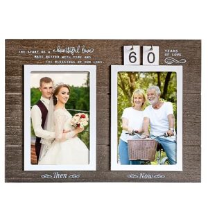 yakucho then & now anniversary picture frame, 1-99 years wedding gift - anniversary wood photo frame, engagement bridal shower gifts with sentimental quote - holds 2 4x6 inches photos (then & now)