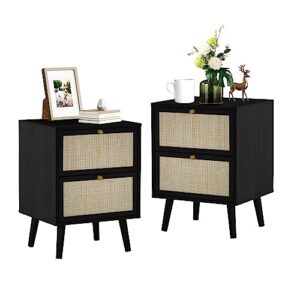 weselon rattan nightstand set of 2, wood end tables with drawers, bedroom bedside table storage side table for bedroom living room (2, black)