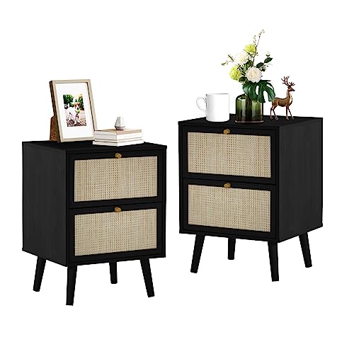 weselon Rattan Nightstand Set of 2, Wood End Tables with Drawers, Bedroom Bedside Table Storage Side Table for Bedroom Living Room (2, Black)