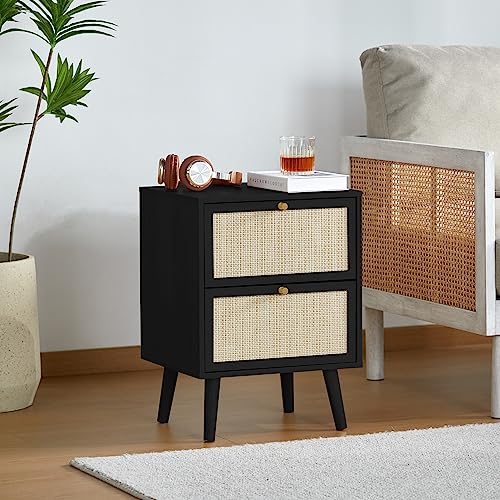 weselon Rattan Nightstand Set of 2, Wood End Tables with Drawers, Bedroom Bedside Table Storage Side Table for Bedroom Living Room (2, Black)