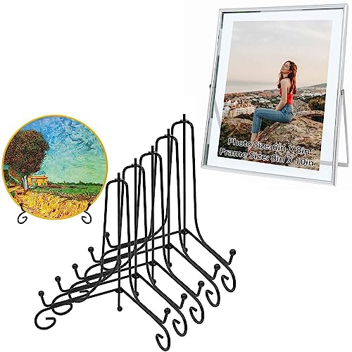 Qiannhee Plate Stands for Display (5 Pcs,8 inch) and Silver Floating frame (1 Pcs, 8x10), Picture Frame Hold 8x10in 6x8in 5x7in Photo for Tabletop, Glass Finish, Metal Stand Frame