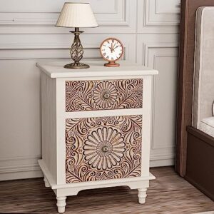 hompus end table w flower pattern, nightstand w storage, small night stand w wood grain finish, accent table side table, small cabinet for living room, bedroom, light grey grain