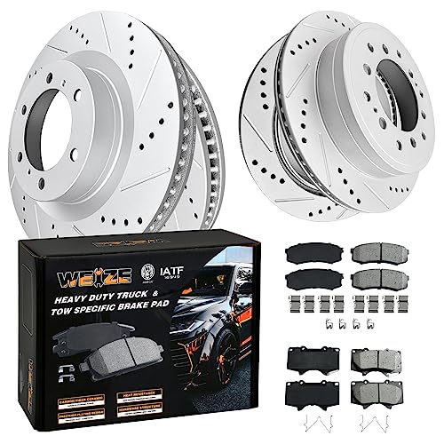 WEIZE Front Truck & Tow Brake Kit, Carbon Fiber Ceramic Brake Pads & Drilled/Slotted Brake Rotors, Fit for Toyota 4Runner 2010-2022