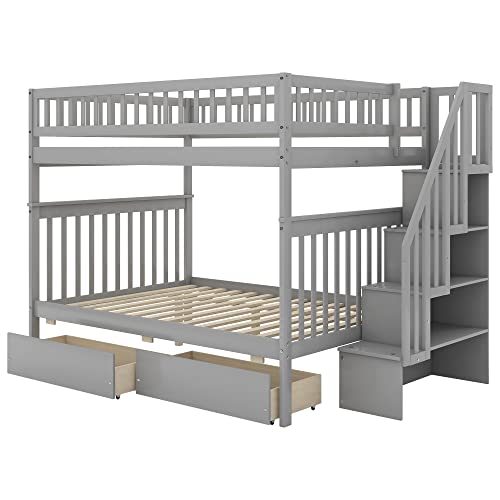 LCH Stairway Twin Over Full Bunk Bed with Storage Staircase & Desk & Bookshelves & Two Drawers, Solid Wood Bedframe w/Safety Guardrail, Perfect for Kids Bedroom,Dorm,Guest Room Furniture, Grey