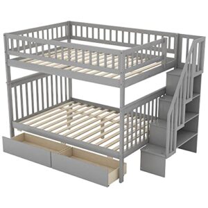 LCH Stairway Twin Over Full Bunk Bed with Storage Staircase & Desk & Bookshelves & Two Drawers, Solid Wood Bedframe w/Safety Guardrail, Perfect for Kids Bedroom,Dorm,Guest Room Furniture, Grey