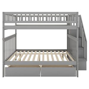 LCH Stairway Twin Over Full Bunk Bed with Storage Staircase & Desk & Bookshelves & Two Drawers, Solid Wood Bedframe w/Safety Guardrail, Perfect for Kids Bedroom,Dorm,Guest Room Furniture, Grey