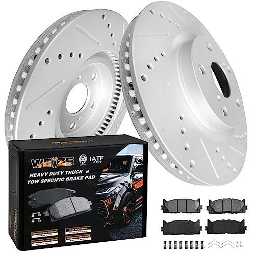 WEIZE Front Carbon Fiber Ceramic Brake Pads & Drilled/Slotted Brake Rotors Kit, Fit for Toyota Camry Avalon Lexus ES350 ES300H