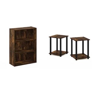 furinno pasir 3-tier open shelf bookcase, amber pine & simplistic set of 2 end table, 2-pack, amber pine/black