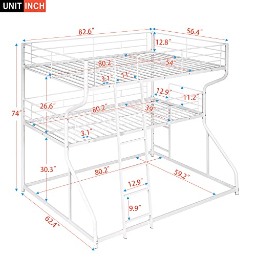 KoiHome Full Over Twin Over Queen Size Triple Bunk Bed with 2 Ladders, Metal Low Bed Frame with Full-Length Guardrail for Kids Teens Girls Boys Bedroom, Space-Saving, No Box Spring Needed, White