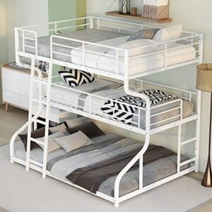 koihome full over twin over queen size triple bunk bed with 2 ladders, metal low bed frame with full-length guardrail for kids teens girls boys bedroom, space-saving, no box spring needed, white