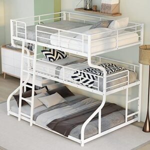 KoiHome Full Over Twin Over Queen Size Triple Bunk Bed with 2 Ladders, Metal Low Bed Frame with Full-Length Guardrail for Kids Teens Girls Boys Bedroom, Space-Saving, No Box Spring Needed, White