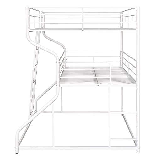 KoiHome Full Over Twin Over Queen Size Triple Bunk Bed with 2 Ladders, Metal Low Bed Frame with Full-Length Guardrail for Kids Teens Girls Boys Bedroom, Space-Saving, No Box Spring Needed, White