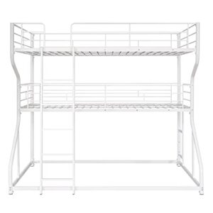 KoiHome Full Over Twin Over Queen Size Triple Bunk Bed with 2 Ladders, Metal Low Bed Frame with Full-Length Guardrail for Kids Teens Girls Boys Bedroom, Space-Saving, No Box Spring Needed, White