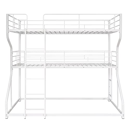 KoiHome Full Over Twin Over Queen Size Triple Bunk Bed with 2 Ladders, Metal Low Bed Frame with Full-Length Guardrail for Kids Teens Girls Boys Bedroom, Space-Saving, No Box Spring Needed, White