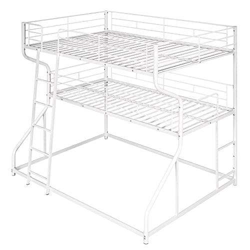 KoiHome Full Over Twin Over Queen Size Triple Bunk Bed with 2 Ladders, Metal Low Bed Frame with Full-Length Guardrail for Kids Teens Girls Boys Bedroom, Space-Saving, No Box Spring Needed, White