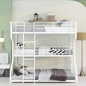 KoiHome Full Over Twin Over Queen Size Triple Bunk Bed with 2 Ladders, Metal Low Bed Frame with Full-Length Guardrail for Kids Teens Girls Boys Bedroom, Space-Saving, No Box Spring Needed, White