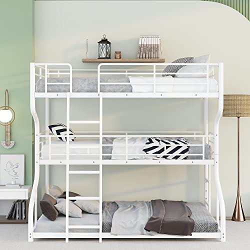 KoiHome Full Over Twin Over Queen Size Triple Bunk Bed with 2 Ladders, Metal Low Bed Frame with Full-Length Guardrail for Kids Teens Girls Boys Bedroom, Space-Saving, No Box Spring Needed, White