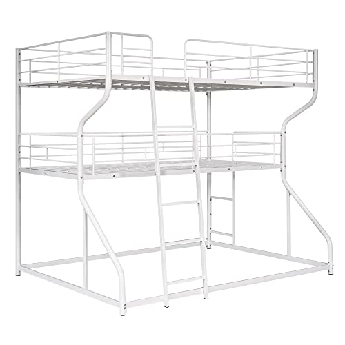 KoiHome Full Over Twin Over Queen Size Triple Bunk Bed with 2 Ladders, Metal Low Bed Frame with Full-Length Guardrail for Kids Teens Girls Boys Bedroom, Space-Saving, No Box Spring Needed, White