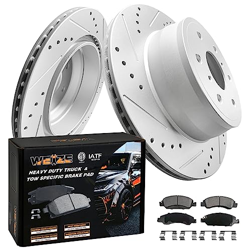 WEIZE Rear Truck & Tow Brake Kit, Carbon Fiber Ceramic Brake Pads and Drilled/Slotted Brake Rotors Kit, Fit for CChevy Silverado GMC 2007-2013, 4WD