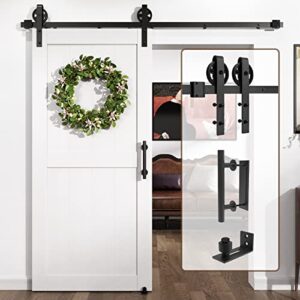 6ft heavy duty sturdy sliding barn door hardware kit-smoothly and quietly-smoothly and quietly- easy to install with floor guide and handle - fit 1 3/8-1 3/4" thickness – black (j shape hanger)