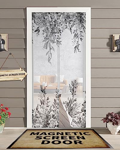 ZOE GARDEN Grey Eucalyptus Magnetic Screen Door for Sliding/Single/French Doors, Self Sealing Magnets Patio Door Screen Heavy Duty Mesh Curtain, Fall Leaves Country Rustic Chic Flower