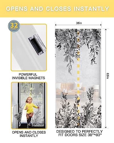 ZOE GARDEN Grey Eucalyptus Magnetic Screen Door for Sliding/Single/French Doors, Self Sealing Magnets Patio Door Screen Heavy Duty Mesh Curtain, Fall Leaves Country Rustic Chic Flower