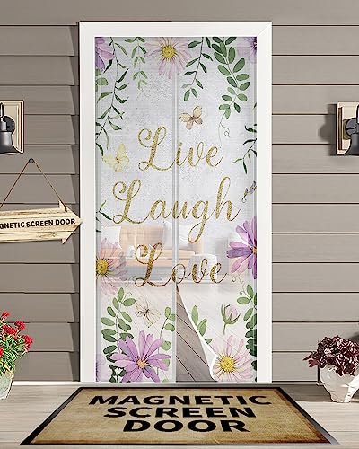 ZOE GARDEN Inspirational Quote Magnetic Screen Door for Sliding/Single/French Doors, Self Sealing Magnets Patio Door Screen Heavy Duty Mesh Curtain, Green Eucalyptus Leaves Elegant Flower