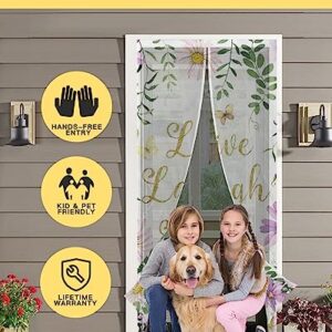 ZOE GARDEN Inspirational Quote Magnetic Screen Door for Sliding/Single/French Doors, Self Sealing Magnets Patio Door Screen Heavy Duty Mesh Curtain, Green Eucalyptus Leaves Elegant Flower