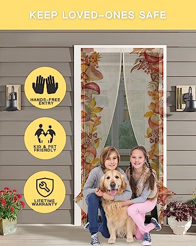 ZOE GARDEN Mushroom Magnetic Screen Door for Sliding/Single/French Doors, Self Sealing Magnets Patio Door Screen Heavy Duty Mesh Curtain, Wild Fall Maple Berry Corn Plant Burlap Autumn