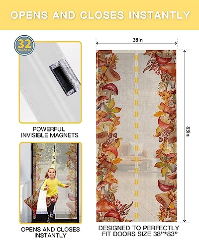 ZOE GARDEN Mushroom Magnetic Screen Door for Sliding/Single/French Doors, Self Sealing Magnets Patio Door Screen Heavy Duty Mesh Curtain, Wild Fall Maple Berry Corn Plant Burlap Autumn