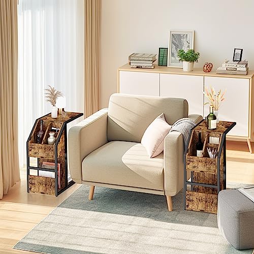 AWQM C Shaped End Table with Storage Compartment, Small Side Table for Couch, Living Room, Bedroom, Industrial Style Beside Table, Sofa Table, Snack Table, Bed Side Table