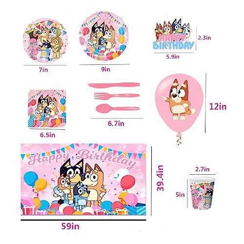 Bluey Birthday Balloons Sets, Dog Cartoon Pink Themed Balloons Decoration Sets Children's Birthday Party Supplies Cutlery Sets
