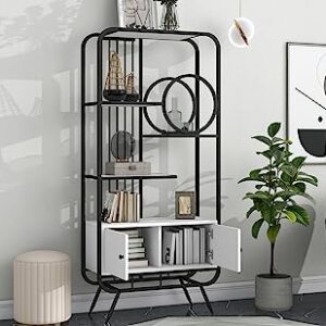 Bookcase with Cabinet,Open Bookshelf with Storage,Freestanding Display Rack Tall Shelving Unit, with Black Metal Frame for Home Office, Living Room, Bedroom