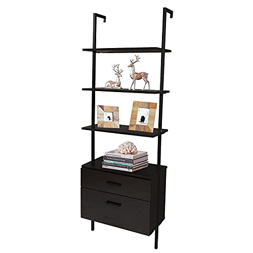 9zH&K 3 Tiers Ladder Bookshelf with Wide Storage Cabinet, Industrial Rustic Brown Wall-Mounted Bookcase Open Display Rack Storage Shelves for Living Room, Bedroom, 23.62"x11.81"x70.87"(LxWxH)