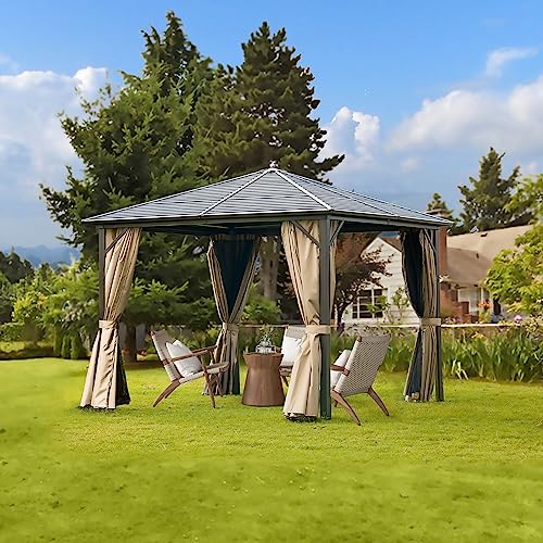 Domi 10’ x 10’ Hardtop Gazebo Canopy Outdoor Aluminum Gazebo, Galvanized Steel Single Roof with Curtains and Netting for Deck, Backyard, Patio, Garden