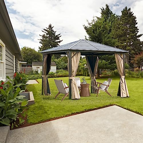 Domi 10’ x 10’ Hardtop Gazebo Canopy Outdoor Aluminum Gazebo, Galvanized Steel Single Roof with Curtains and Netting for Deck, Backyard, Patio, Garden