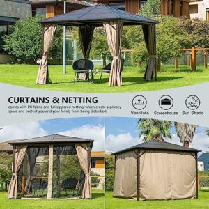 Domi 10’ x 10’ Hardtop Gazebo Canopy Outdoor Aluminum Gazebo, Galvanized Steel Single Roof with Curtains and Netting for Deck, Backyard, Patio, Garden