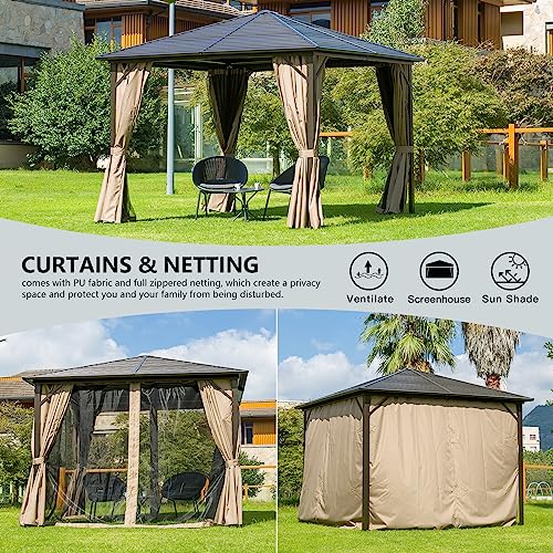 Domi 10’ x 10’ Hardtop Gazebo Canopy Outdoor Aluminum Gazebo, Galvanized Steel Single Roof with Curtains and Netting for Deck, Backyard, Patio, Garden