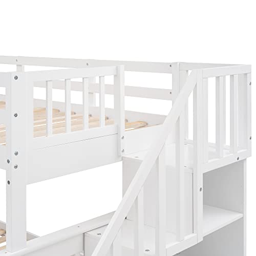 Polibi Twin-Over-Full Stairway Bunk Bed with Storage,Twin Size Trundle and Guard Rail,Bunk Bed Frame Convertible into 2 Beds for Bedroom,Dorm,or Adults,White