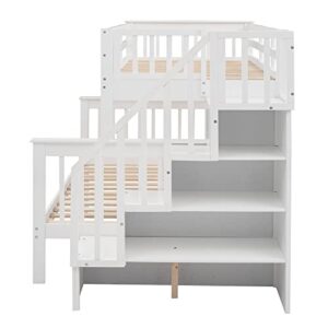 Polibi Twin-Over-Full Stairway Bunk Bed with Storage,Twin Size Trundle and Guard Rail,Bunk Bed Frame Convertible into 2 Beds for Bedroom,Dorm,or Adults,White