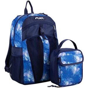 fuel backpack with lunch box combo – 18” two compartment water resistant durable adjustable straps with side water bottle pockets 2 in 1 set - light blue galaxy