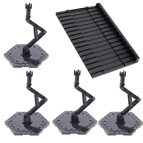 Bioristar HG RG Hobby Action Base Gundam Model Stand Hobby Display Stand Model Pieces Shelves Plastic Rack Organizer (1/144 Scale) (4 pack Black with 1 pack shelf)