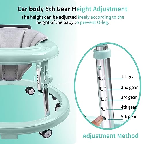 Baby Walker with Wheels, Activity Center with Mute Wheels Anti-Rollover, 5-Position Height Adjustable Foldable Baby Walker for Boys and Girls from 6-18 Months with Footrest