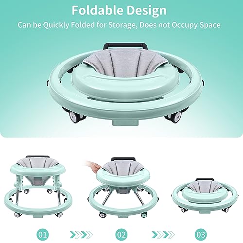 Baby Walker with Wheels, Activity Center with Mute Wheels Anti-Rollover, 5-Position Height Adjustable Foldable Baby Walker for Boys and Girls from 6-18 Months with Footrest