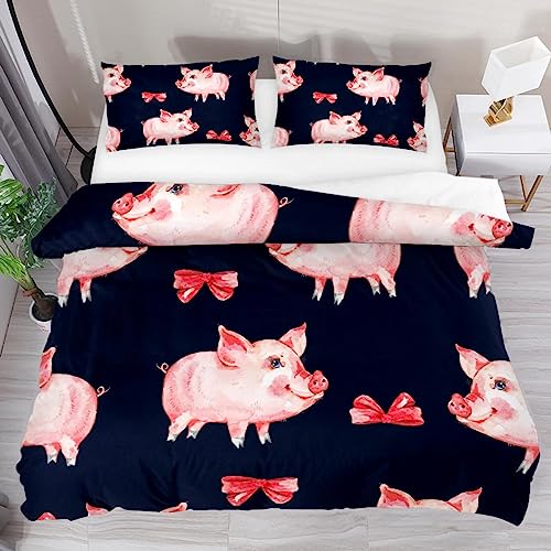 DragonBtu (1 Duvet Cover+2 Pillowcases) Bedding Duvet Cover Set Cute Piggy Red Bow Breathable Comforter Cover for Teen Boys